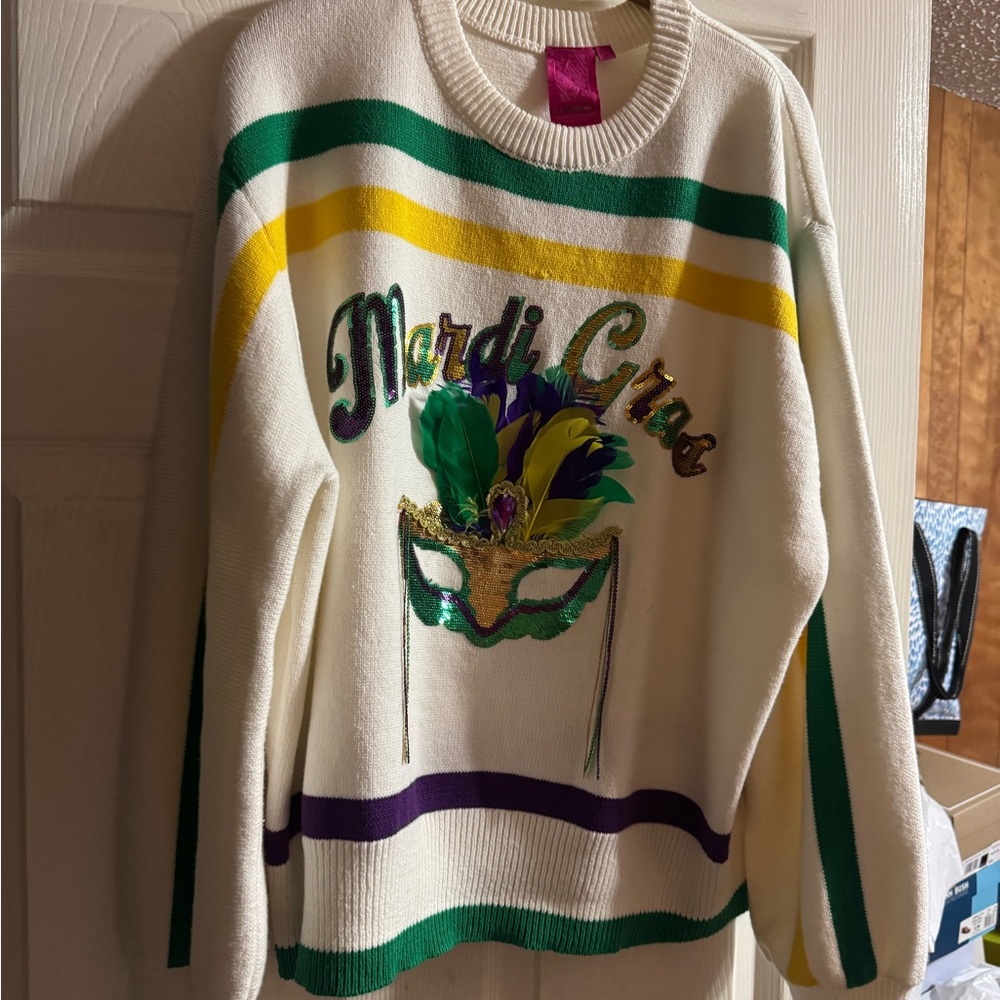 QUEEN OF SPARKLES Mardi Gras Sweater - White, Green, Yellow, Purple wore once